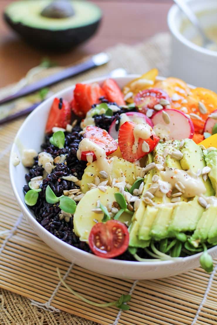 Farmer's Market Forbidden Rice Buddha Bowls with Apricot-Tahini Dressing - a nutritious paleo and vegan dinner recipe