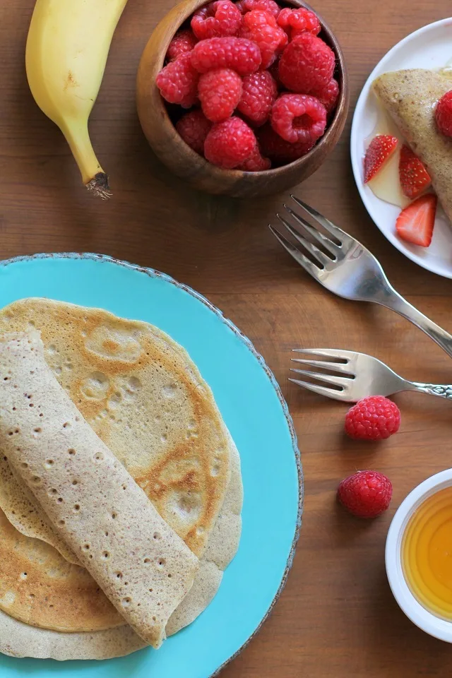 4-Ingredient Grain-Free Crepes made easily in a blender | TheRoastedRoot.net #glutenfree #paleo #breakfast #healthy