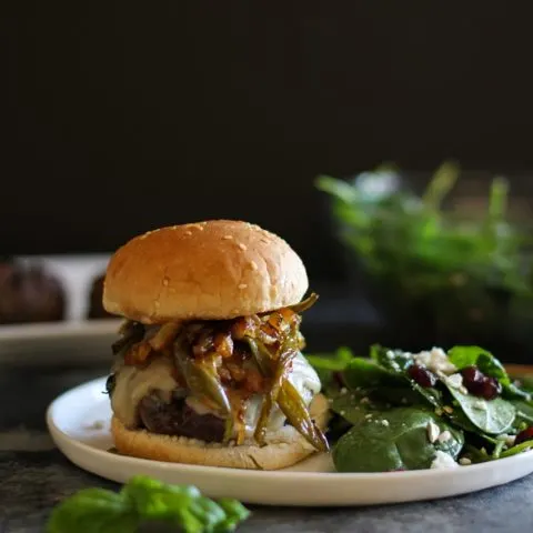 Herby Grilled Burgers with Caramelized Onions and Jalapenos | TheRoastedRoot.net