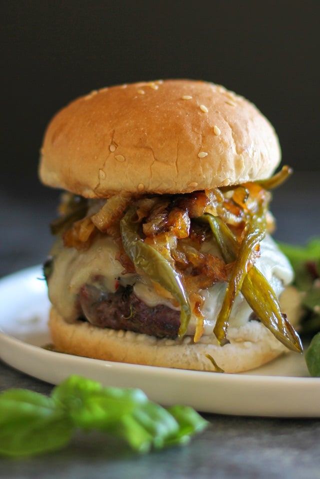 Herby Grilled Burgers with Caramelized Onions and Jalapenos | TheRoastedRoot.net