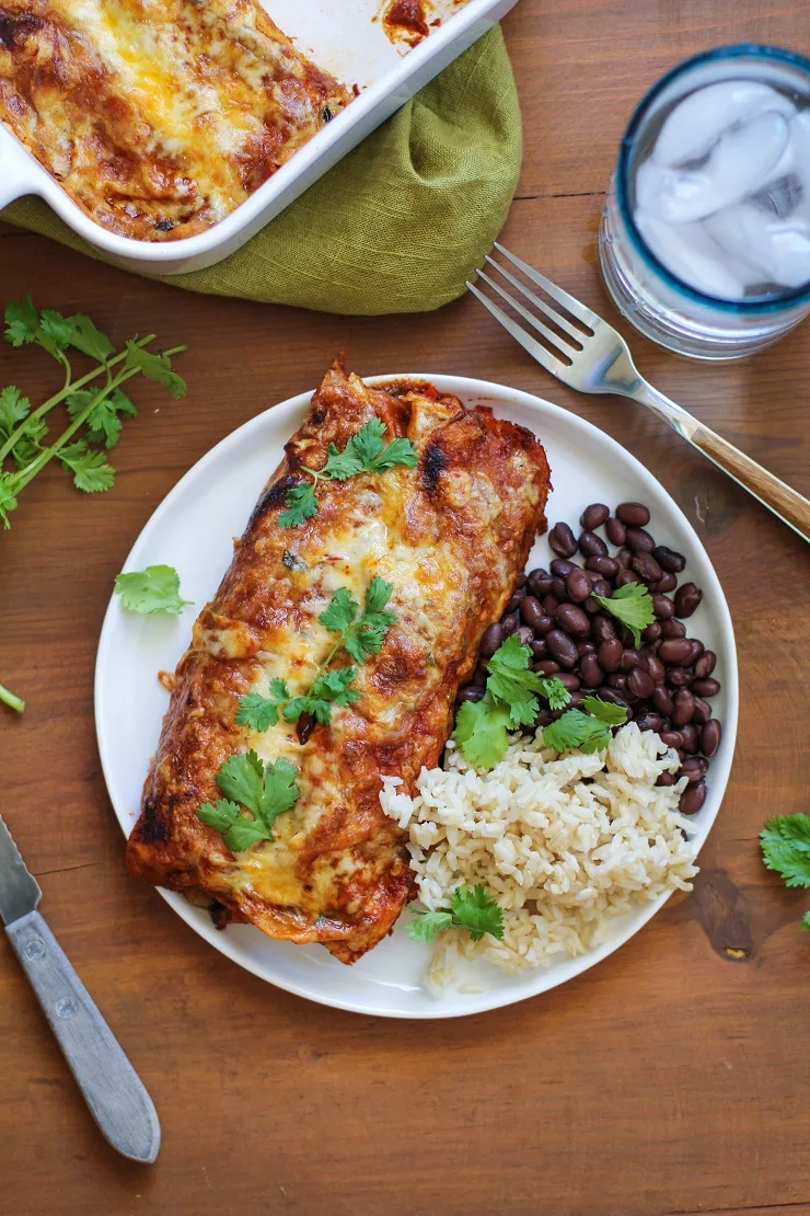 Small Batch Sweet Potato and Black Bean Enchiladas - the perfect dinner for two! | TheRoastedRoot.net #healthy #vegetarian #recipe