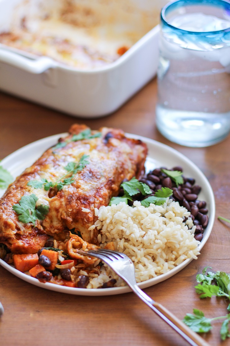 Small Batch Sweet Potato and Black Bean Enchiladas - the perfect dinner for two! | TheRoastedRoot.net #healthy #vegetarian #recipe