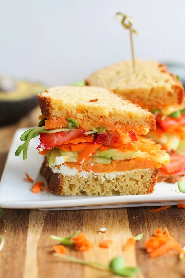 The Ultimate Garden Vegetable Sandwich with roasted sweet potato, cucumber, carrot, sunflower greens, and herbed goat cheese | TheRoastedRoot.net #healthy #vegetarian #lunch #recipe