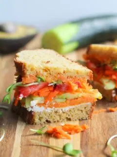 The Ultimate Garden Vegetable Sandwich with roasted sweet potato, cucumber, carrot, sunflower greens, and herbed goat cheese | TheRoastedRoot.net #healthy #vegetarian #lunch #recipe