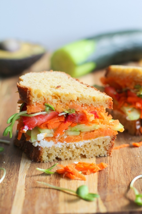 The Ultimate Garden Vegetable Sandwich with roasted sweet potato, cucumber, carrot, sunflower greens, and herbed goat cheese | TheRoastedRoot.net #healthy #vegetarian #lunch #recipe