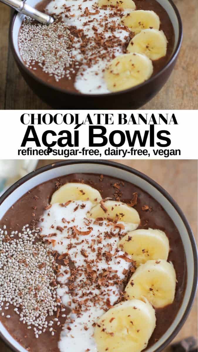 Chocolate Banana Acai Bowls with coconut milk and cinnamon - a thick, creamy, delicious superfood vegan breakfast recipe!