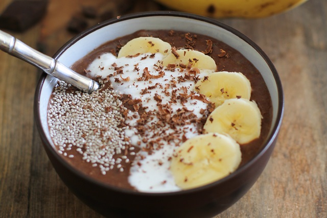 Chocolate Banana Acai Bowls with Chia Seeds - a healthy breakfast full of antioxidants and vitamins! | TheRoastedRoot.net #paleo #vegan #dairyfree