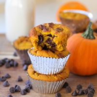 Grain-Free Chocolate Chip Pumpkin Muffins made with coconut flour and sweetened with honey (or pure maple syrup) - healthy enough to eat for breakfast! #muffin #recipe #almostpaleo #glutenfree