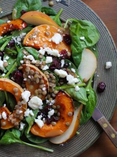 Roasted Butternut Squash and Pear Salad with lentils, feta cheese, dried cranberries, and citrus sage vinaigrette | TheRoastedRoot.net #healthy #superfood #salad #recipe #fall