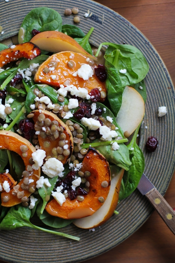 Roasted Butternut Squash and Pear Salad with lentils, feta cheese, dried cranberries, and citrus sage vinaigrette | TheRoastedRoot.net #healthy #superfood #salad #recipe #fall