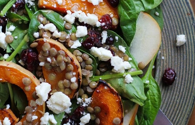 Roasted Butternut Squash and Pear Salad with lentils, feta cheese, dried cranberries, and citrus sage vinaigrette | TheRoastedRoot.net #healthy #superfood #salad #recipe #fall