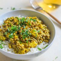 Yellow Curry Lentils and Halloumi - a flavor-packed healthy vegetarian meal | TheRoastedRoot.net #dinner #recipe