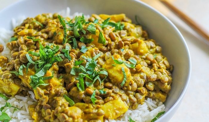 Yellow Curry Lentils and Halloumi - a flavor-packed healthy vegetarian meal | TheRoastedRoot.net #dinner #recipe