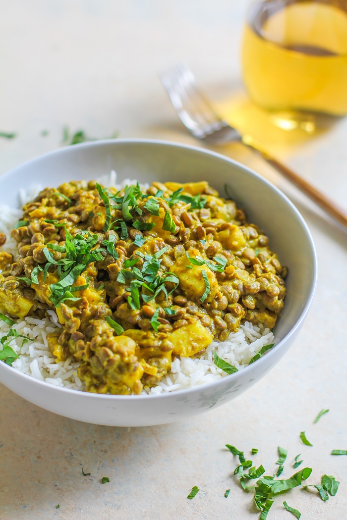 Yellow Curry Lentils and Halloumi - a flavor-packed healthy vegetarian meal | TheRoastedRoot.net #dinner #recipe