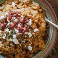 Creamy Bourbon-Spiked Pumpkin Risotto with Prosciutto and Goat Cheese - a tasty gluten-free, dairy-free recipe for holiday gatherings | TheRoastedRoot.net