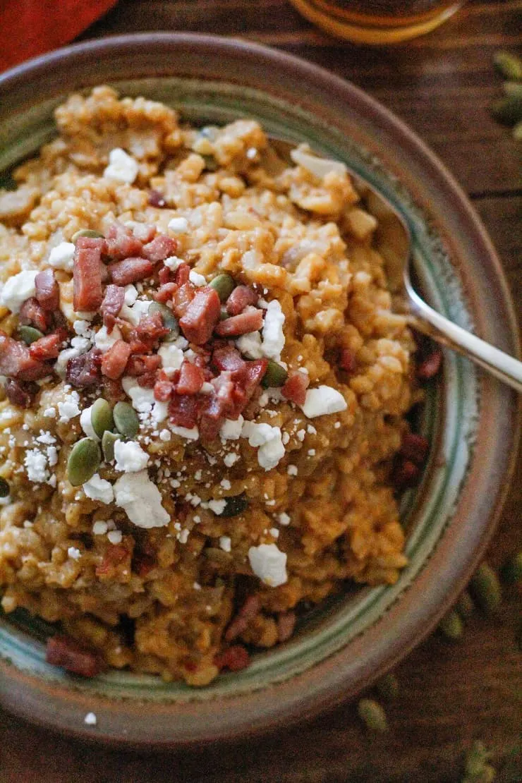 Creamy Bourbon-Spiked Pumpkin Risotto with Prosciutto and Goat Cheese - a tasty gluten-free, dairy-free recipe for holiday gatherings | TheRoastedRoot.net