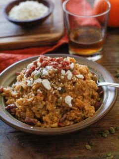 Creamy Bourbon-Spiked Pumpkin Risotto with Prosciutto and Goat Cheese - a tasty gluten-free, dairy-free recipe for holiday gatherings | TheRoastedRoot.net