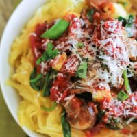 Mixed Vegetable Spaghetti Squash Marinara - a healthy meatless meal | TheRoastedRoot.net #recipe #vegan #vegetarian #paleo