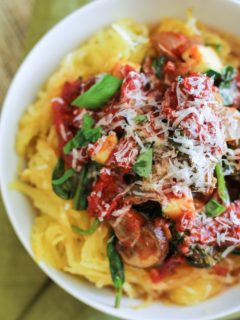 Mixed Vegetable Spaghetti Squash Marinara - a healthy meatless meal | TheRoastedRoot.net #recipe #vegan #vegetarian #paleo