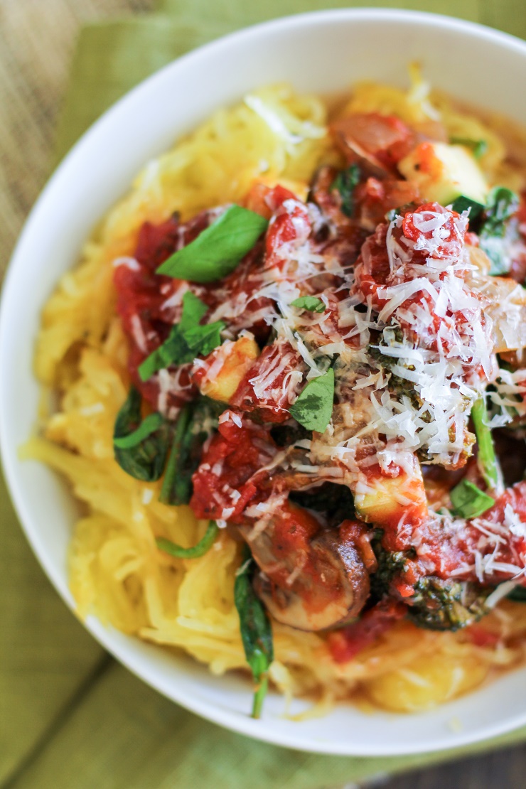 Mixed Vegetable Spaghetti Squash Marinara - a healthy meatless meal | TheRoastedRoot.net #recipe #vegan #vegetarian #paleo