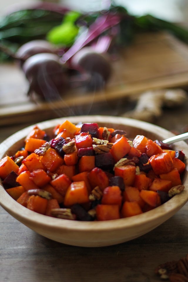 Orange Honey-Glazed Butternut Squash and Beets - a healthy side dish for fall and winter | TheRoastedRoot.net #recipe #vegetarian