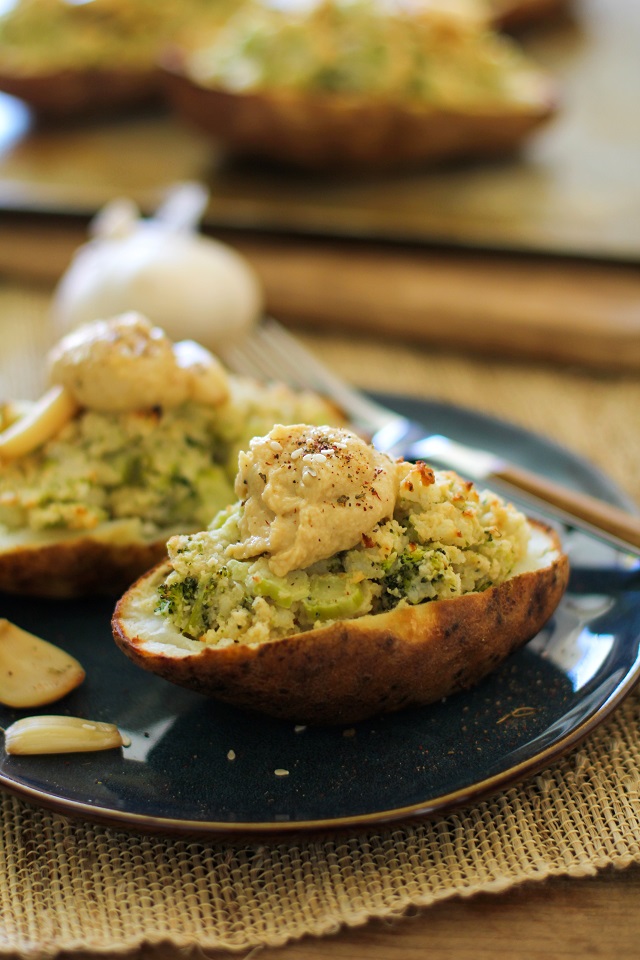 Roasted Garlic, Broccoli, and Hummus Twice Baked Potatoes | TheRoastedRoot.net #healthy #recipe #side_dish @sabradippingco
