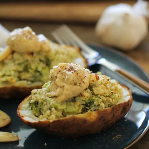 Roasted Garlic, Broccoli, and Hummus Twice-Baked Potatoes