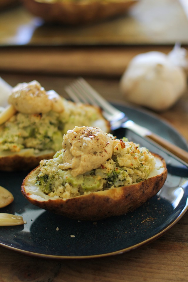 Roasted Garlic, Broccoli, and Hummus Twice Baked Potatoes | TheRoastedRoot.net #healthy #recipe #side_dish @sabradippingco