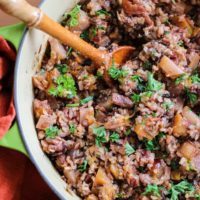 pot of wild rice stuffing ready to serve.