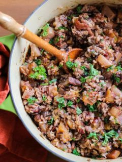 Wild Rice Stuffing with Butternut Squash, cranberries, and pecans. This healthy gluten-free stuffing recipe is perfect for the holidays