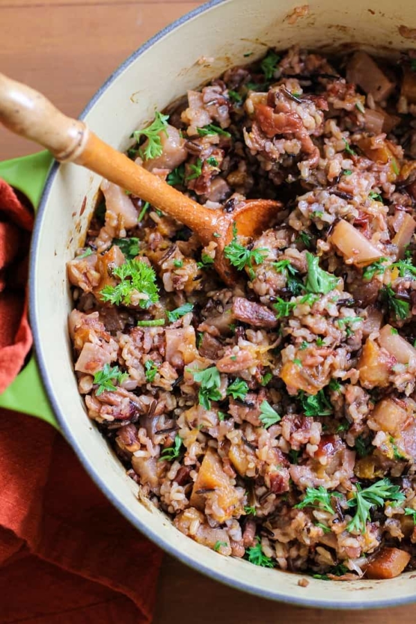 pot of wild rice stuffing ready to serve.