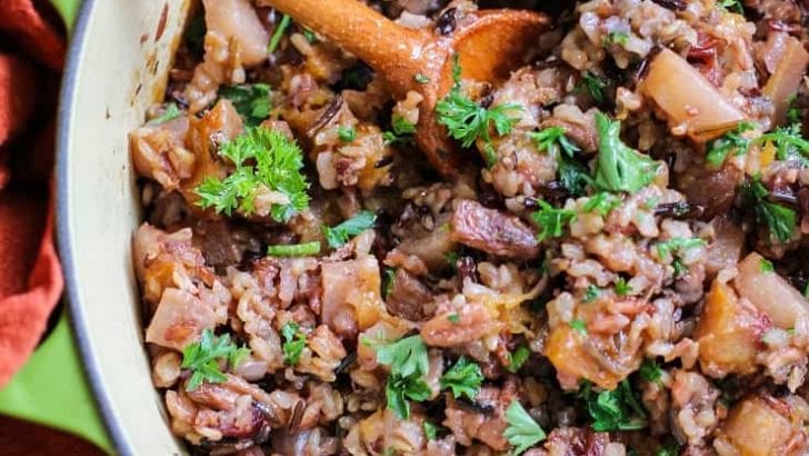 Wild Rice Stuffing with Butternut Squash, cranberries, and pecans. This healthy gluten-free stuffing recipe is perfect for the holidays
