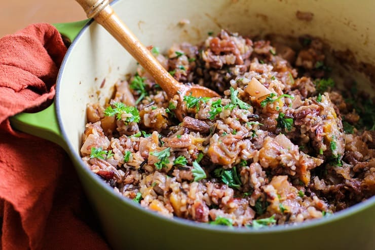 Wild Rice Stuffing with Butternut Squash, cranberries, and pecans. This healthy gluten-free stuffing recipe is perfect for the holidays