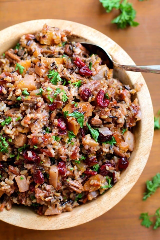 Wild Rice Stuffing with Butternut Squash, Pears, Pecans, and Dried Cranberries #healthy #thanksgiving #recipe #sidedish