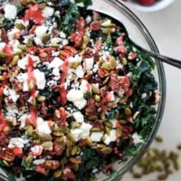 Cranberry Kale Salad with Roasted Pecans and Feta | TheRoastedRoot.net #healthy #superfood #recipe #vegetarian