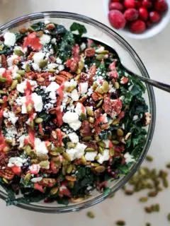 Cranberry Kale Salad with Roasted Pecans and Feta | TheRoastedRoot.net #healthy #superfood #recipe #vegetarian