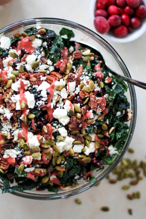 Cranberry Kale Salad with Roasted Pecans and Feta | TheRoastedRoot.net #healthy #superfood #recipe #vegetarian