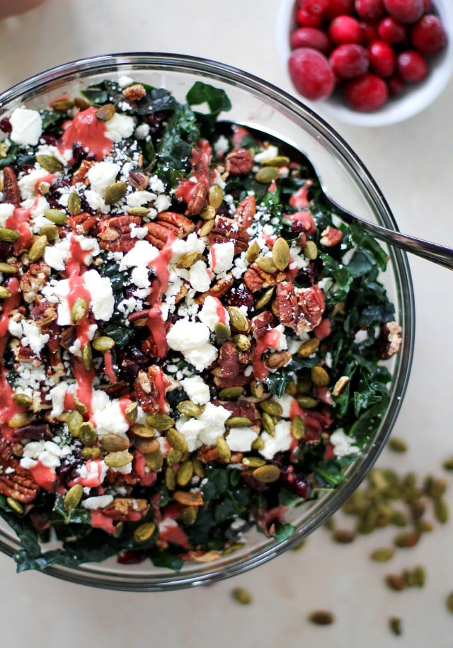 HEALTHY HOLIDAY SIDE DISHES Cranberry Kale Salad with Roasted Pecans and Feta | TheRoastedRoot.net #healthy #superfood #recipe #vegetarian