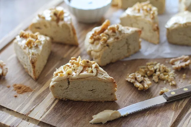 Gluten-Free Maple Walnut Scones with Maple Glaze | TheRoastedRoot.net #breakfast #recipe