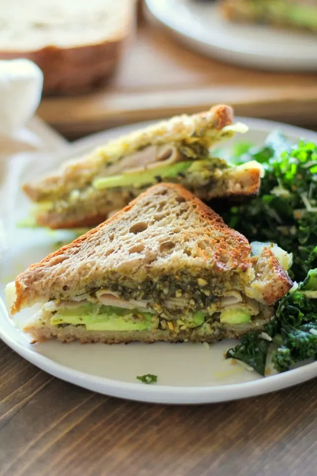Turkey Pesto Avocado Sandwich with @udisglutenfree rye bread | TheRoastedRoot.net #glutenfree #lunch #recipe