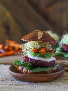 Moroccan-Spiced Beet and Carrot Burgers with Herbed Goat Cheese |TheRastedRoot.net #superfood #vegetarian #recipe