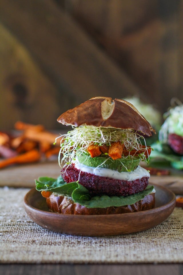 Moroccan-Spiced Beet Veggie Burgers with Herbed Goat Cheese - a nutrient-packed vegetarian dinner recipe!