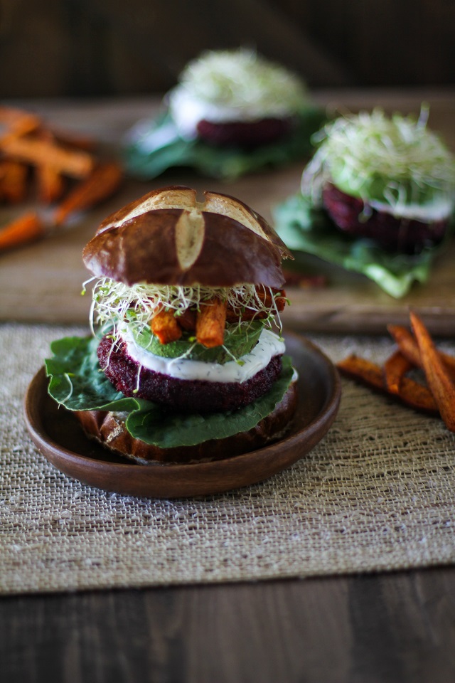 Moroccan-Spiced Beet and Carrot Burgers with Herbed Goat Cheese |TheRastedRoot.net #superfood #vegetarian #recipe