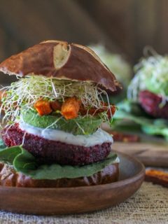 Moroccan-Spiced Beet and Carrot Burgers with Herbed Goat Cheese |TheRastedRoot.net #superfood #vegetarian #recipe