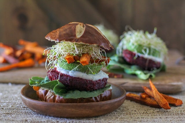 Moroccan-Spiced Beet and Carrot Burgers with Herbed Goat Cheese |TheRastedRoot.net #superfood #vegetarian #recipe