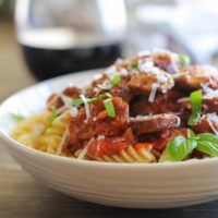 Easy Mushroom and Sausage Pasta | TheRoastedRoot.net #recipe #dinner #CarandoDateNight #BertolliDateNight #spon @kroger