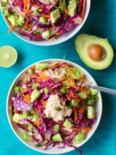 Shredded Chicken Burrito Bowls with Cabbage Slaw and Chipotle Sour Cream | TheRoastedRoot.net #recipe #healthy