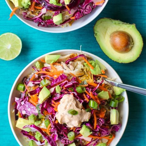 Shredded Chicken Burrito Bowls with Cabbage Slaw and Chipotle Sour Cream | TheRoastedRoot.net #recipe #healthy