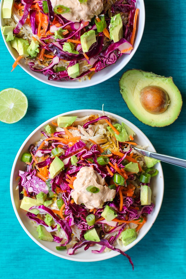 Shredded Chicken Burrito Bowls with Cabbage Slaw and Chipotle Sour Cream | TheRoastedRoot.net #recipe #healthy