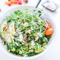 Wasabi Vegetable Bowls with broccoli, spinach, brown rice, microgreens, avocado, and wasabi sauce - a healthy vegan meal